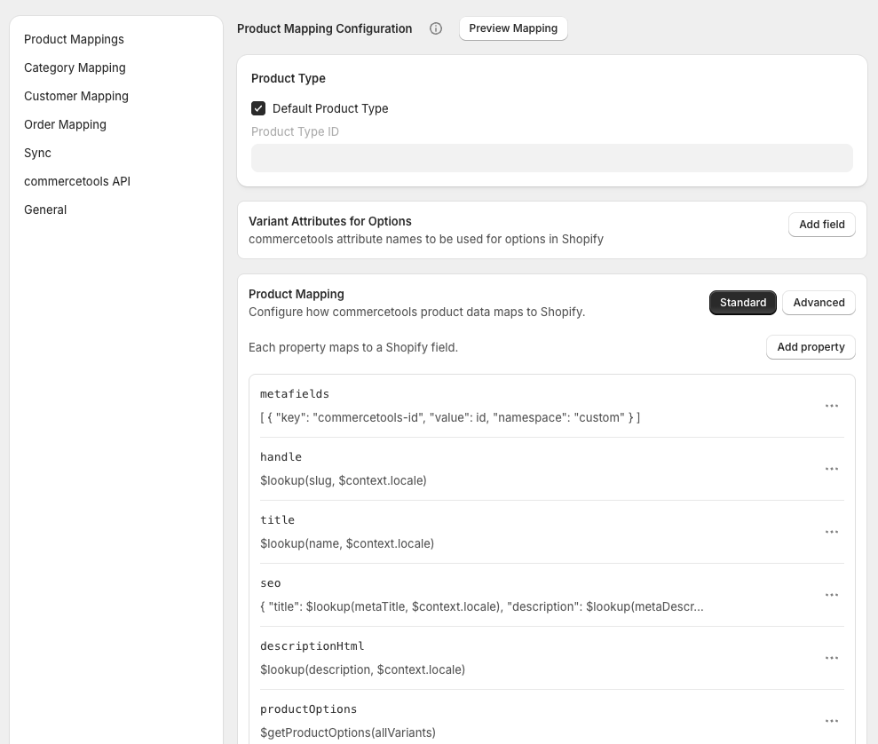 Default product mapping from commercetools to Shopify, with variant options and field expressions