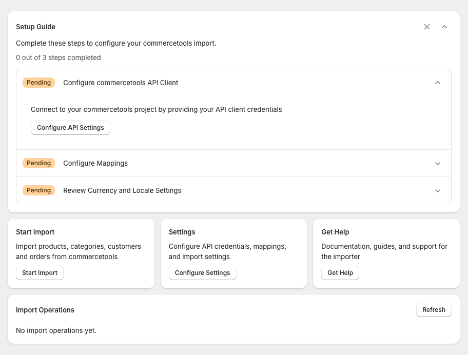 Importer setup guide with steps for commercetools API credentials, mappings, currency and locale settings