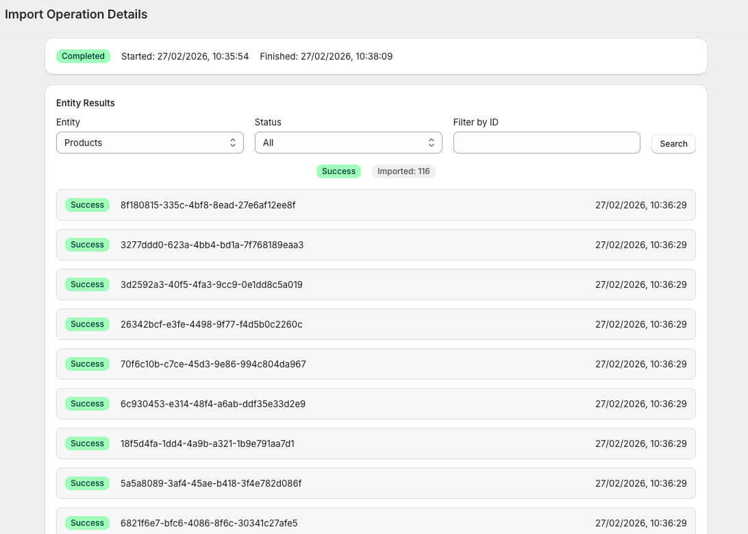 Completed import showing 116 successfully imported products and filters for status and commercetools ID