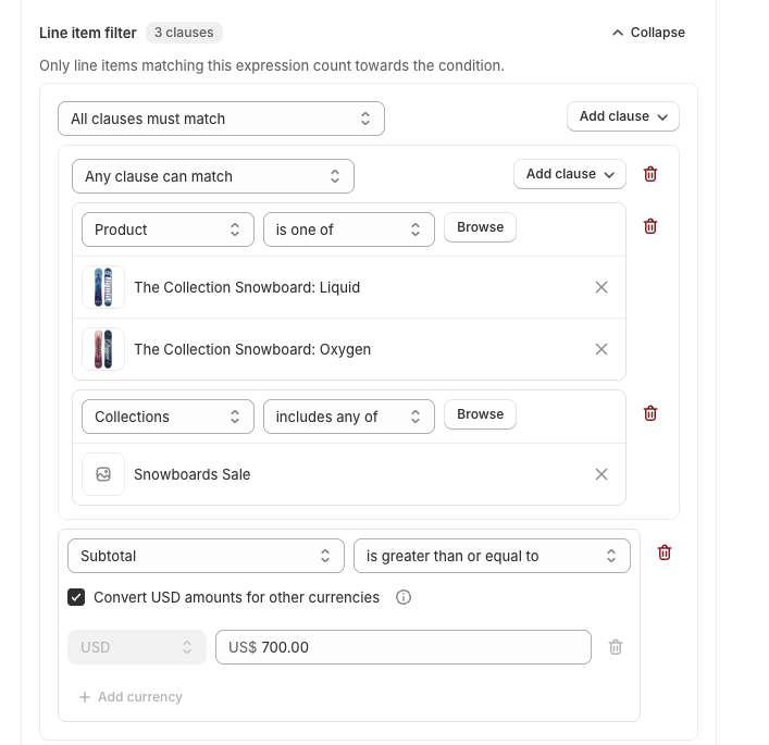 Line item filter with a group of products or collections combined with a price of 700 USD or over
