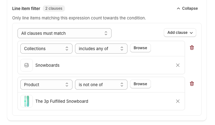 Line item filter matching the Snowboards collection but excluding The 3p Fulfilled Snowboard
