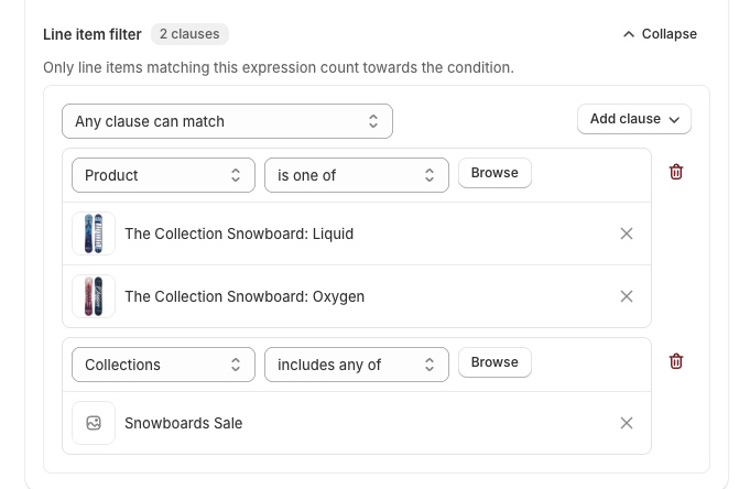Line item filter using "Any clause can match" for two products or the Snowboards Sale collection
