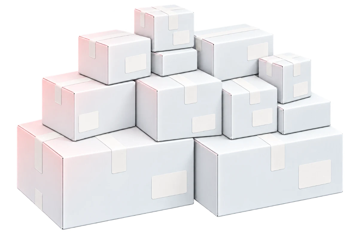 Stack of white delivery parcels in assorted sizes with subtle blush accents