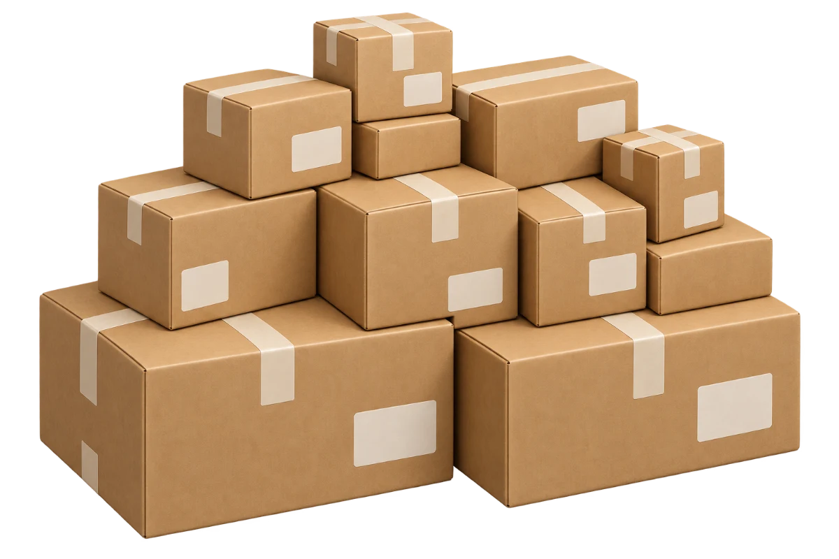 Stack of cardboard delivery parcels in assorted sizes