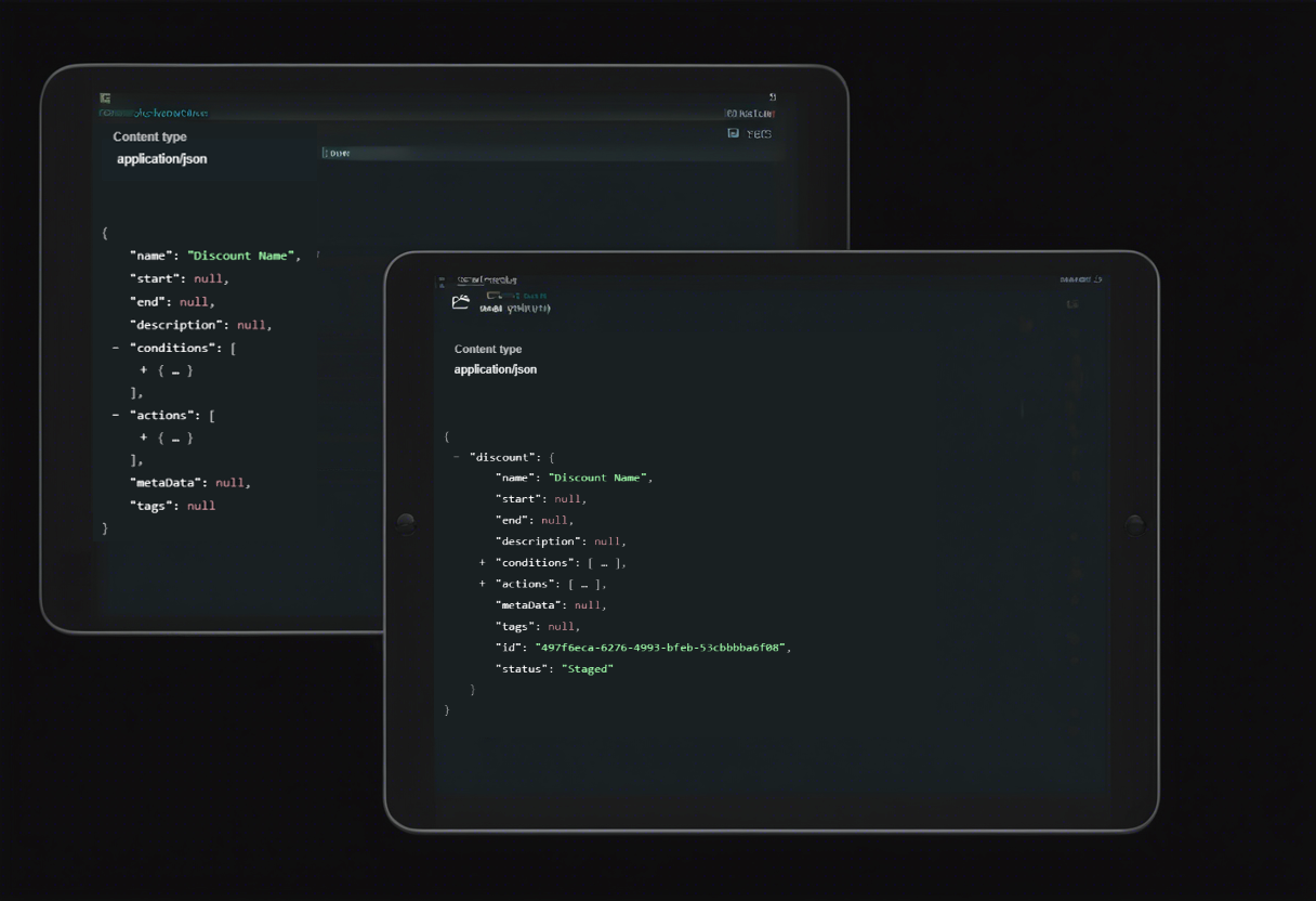 Promotion API JSON examples showing discount settings and a staged response